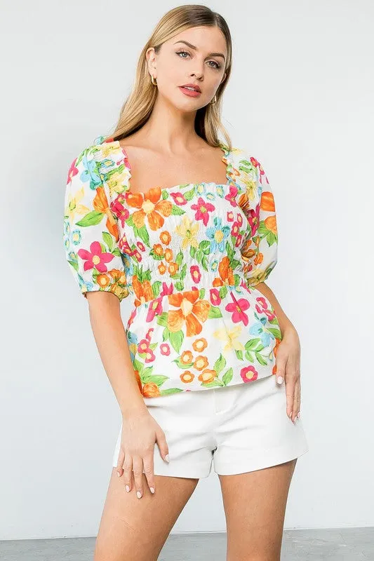 Smocked Floral Print Top