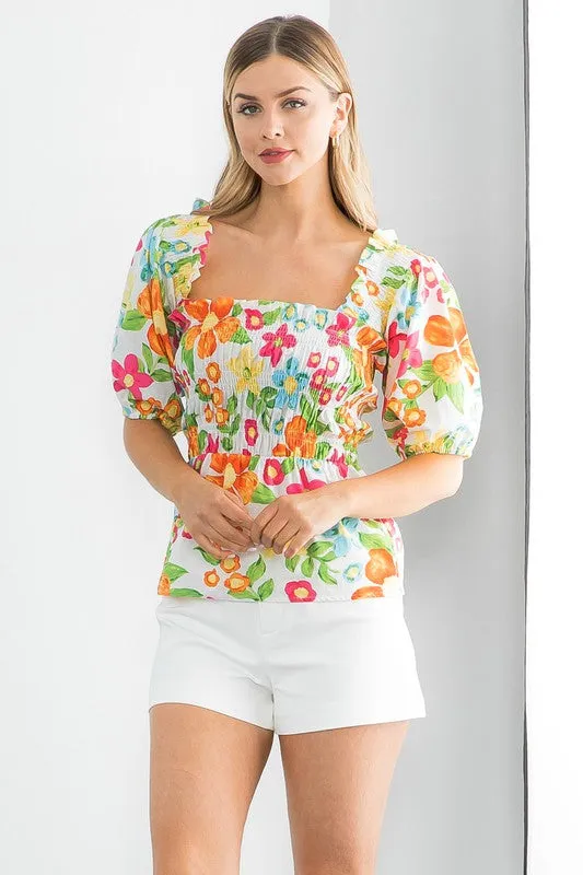 Smocked Floral Print Top