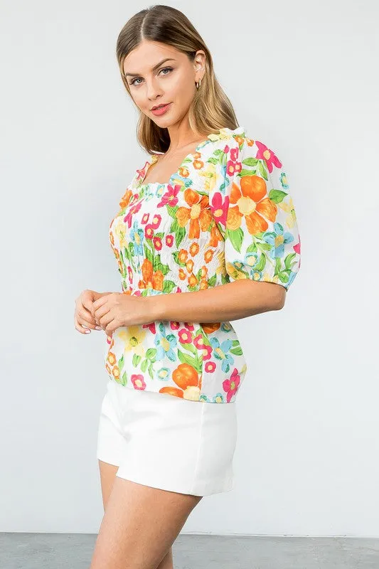 Smocked Floral Print Top