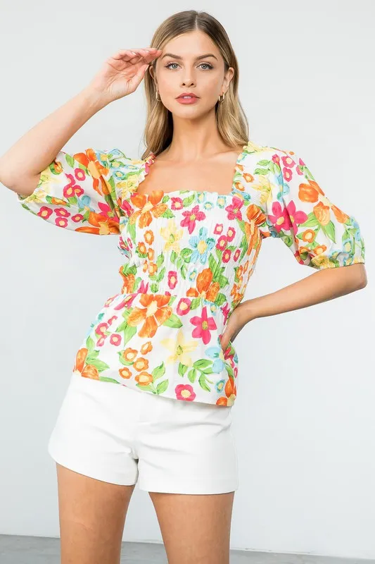 Smocked Floral Print Top