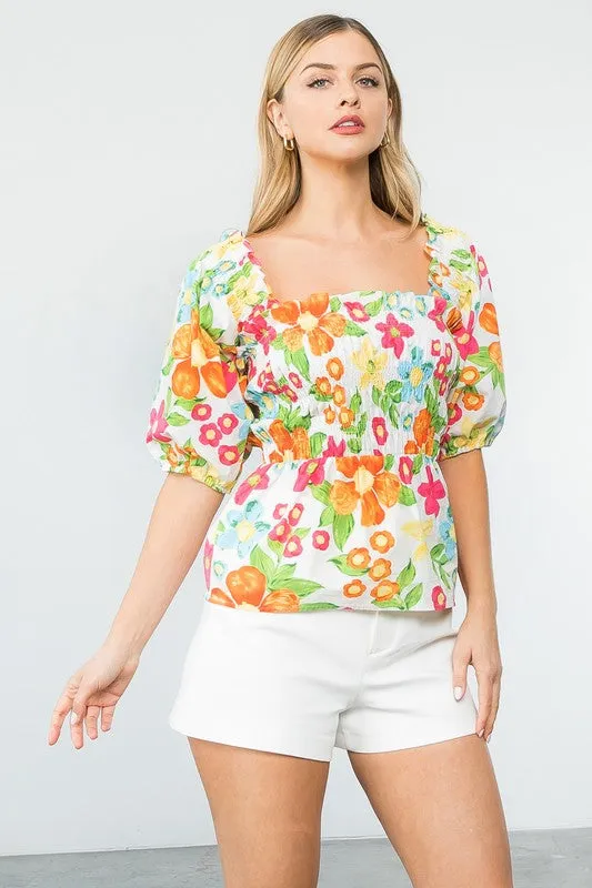 Smocked Floral Print Top