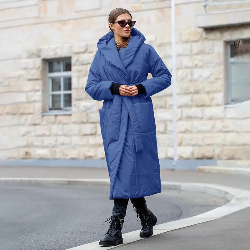 Snow Thickened Coat Hooded Belt Long Cotton Padded Jacket Women