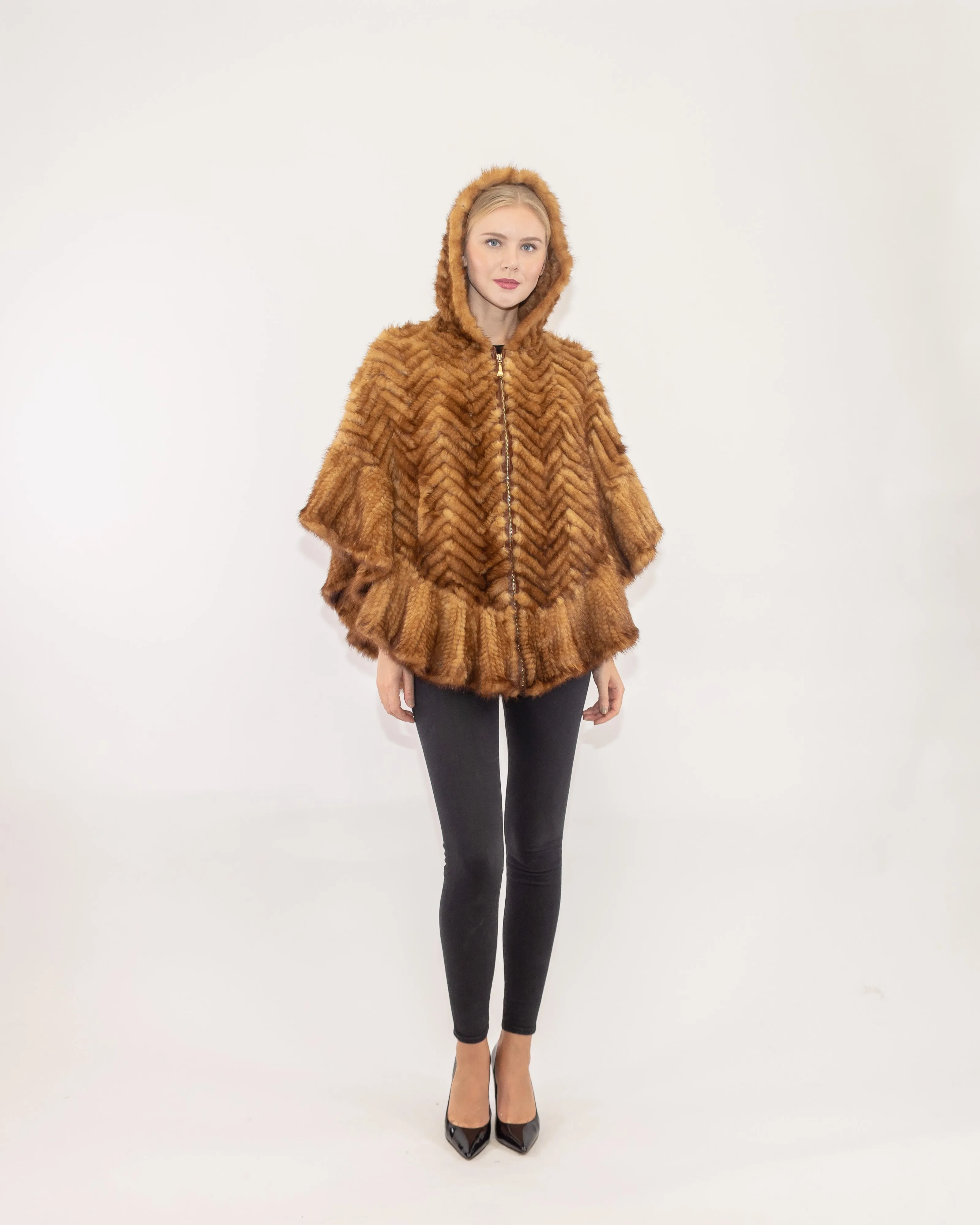 ST. CLOUD - Knitted Mink Herringbone Hooded Poncho