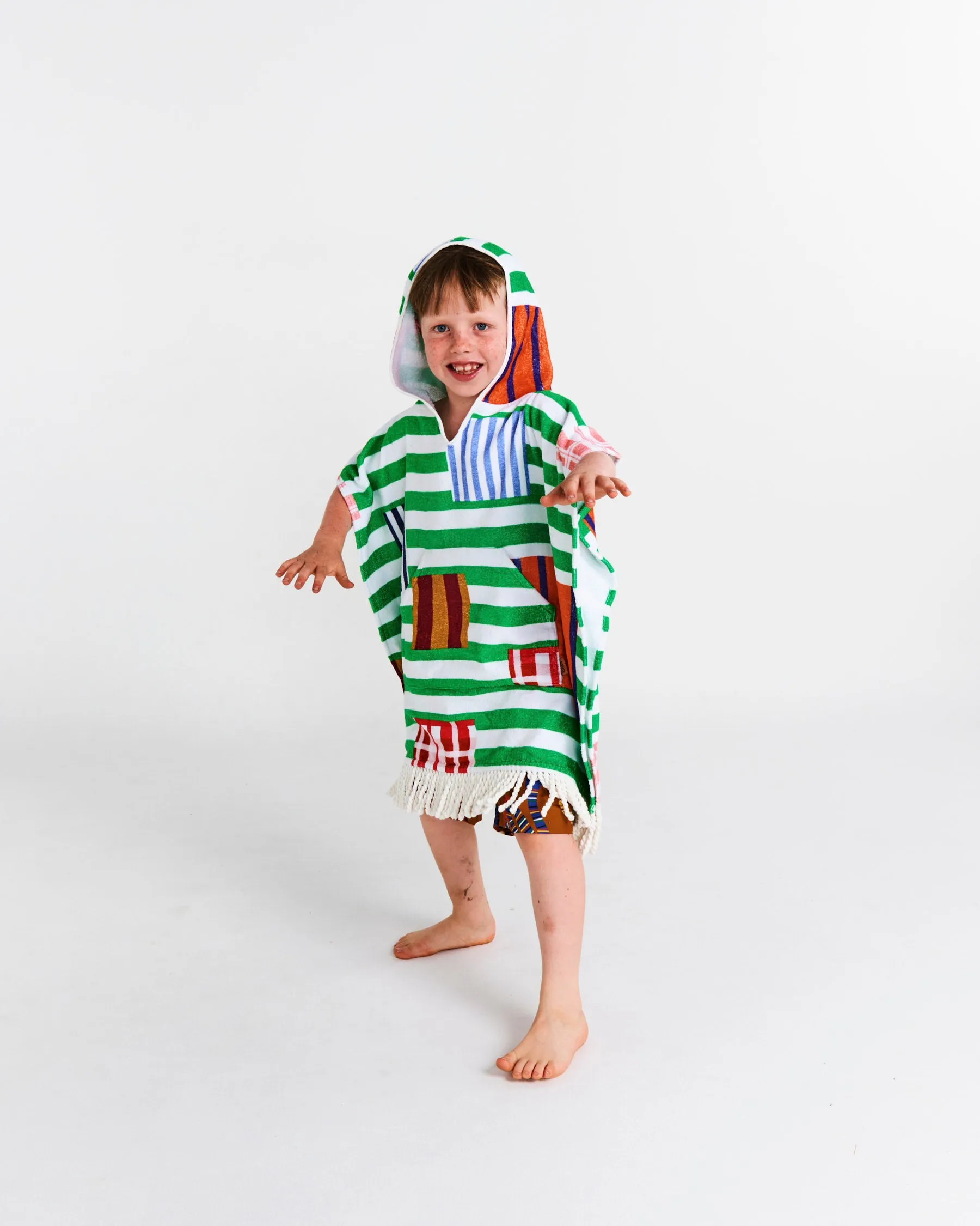 Stripe On Stripe Printed Kids Terry Poncho