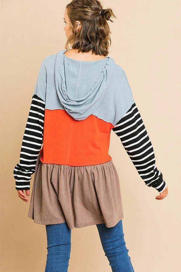 Striped Long Sleeve Color Blocked Hooded Tunic With Drawstring And Ruffle Hem