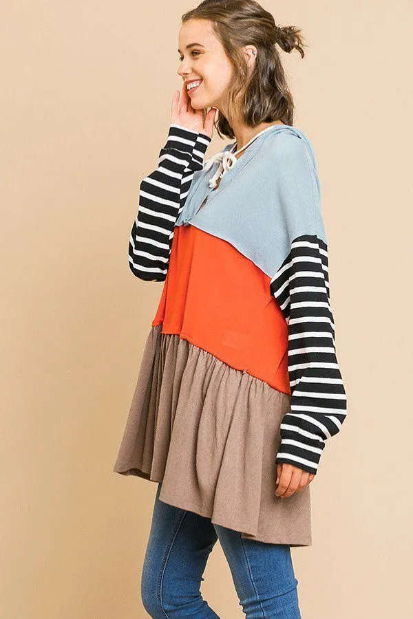 Striped Long Sleeve Color Blocked Hooded Tunic With Drawstring And Ruffle Hem