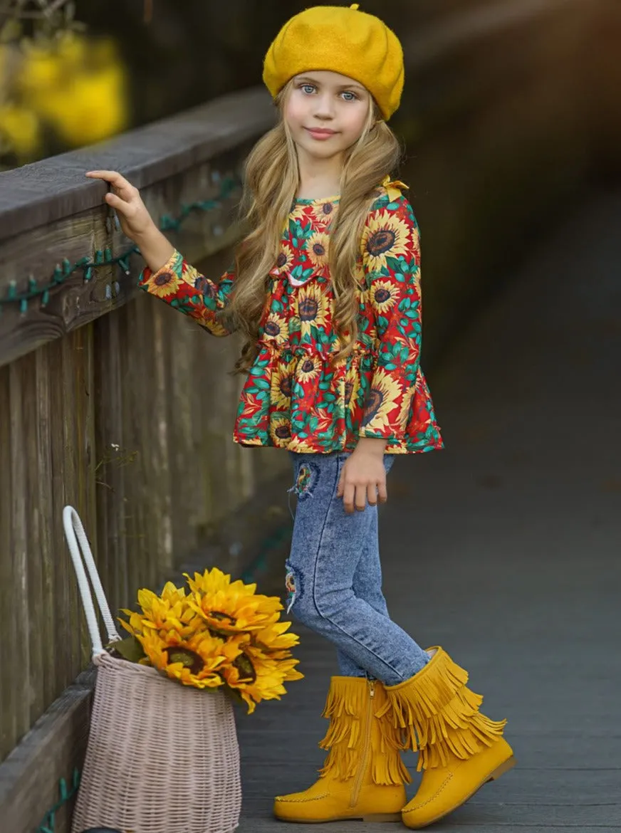 Sunflowers In Fall Patched Jeans Set