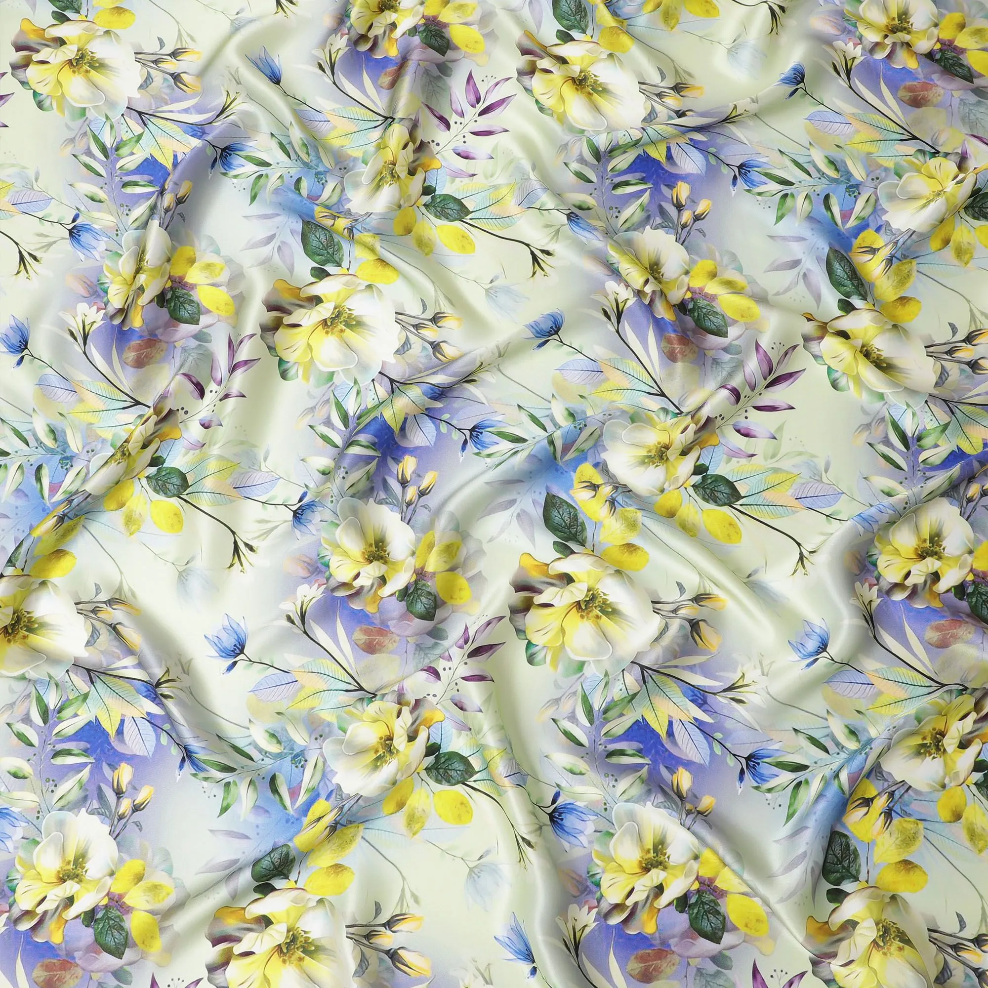 Sunlit Blossom Italian Silk Satin Fabric - Lemon Hues, 140cm Wide - Buy Exclusive Fabrics Online-D18316