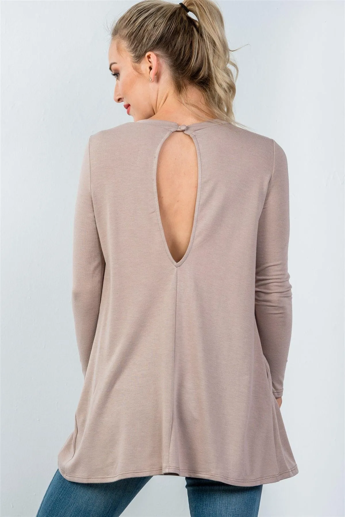 Taupe Long Sleeve Back Keyhole Tunic Top / 3-2-1