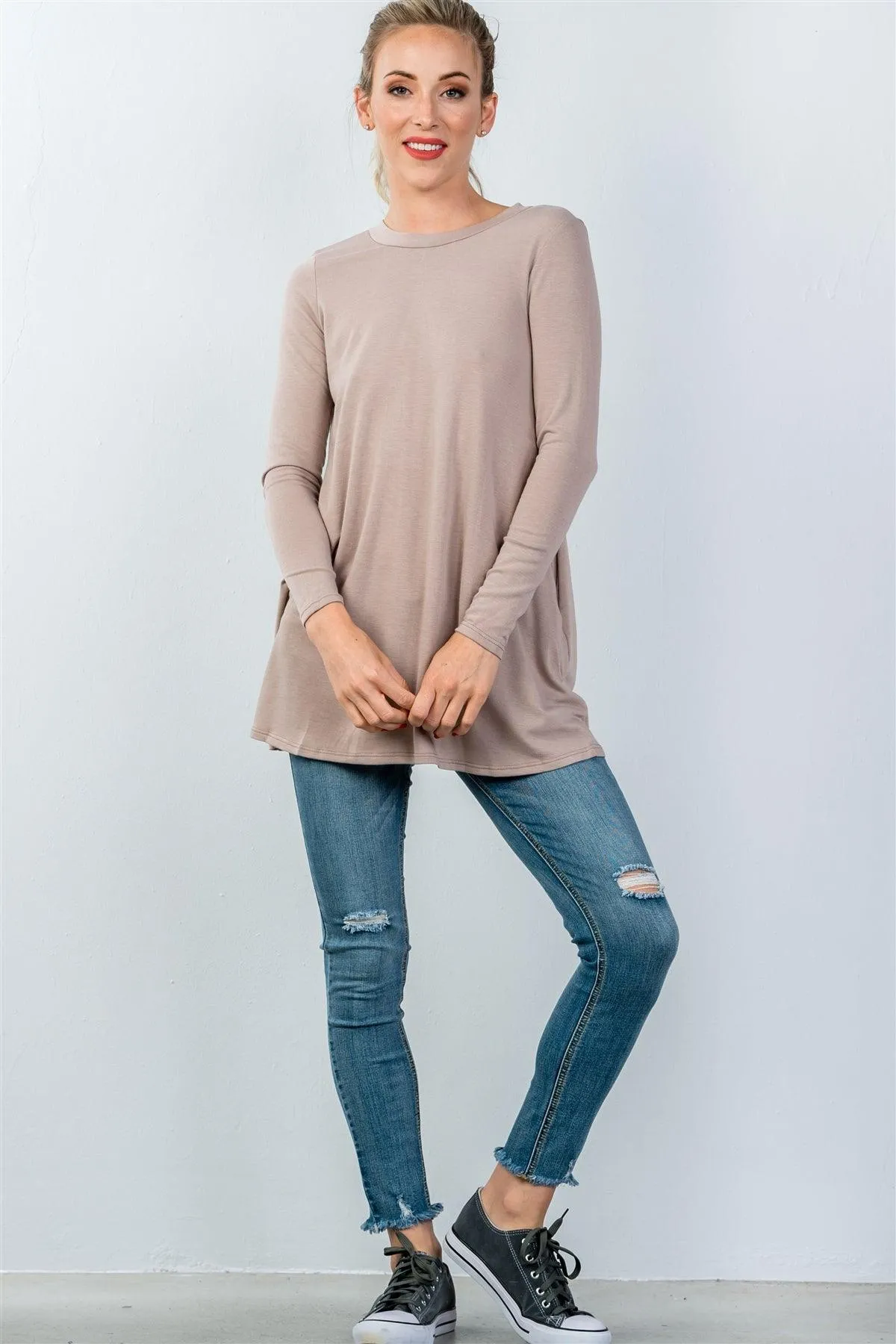 Taupe Long Sleeve Back Keyhole Tunic Top / 3-2-1