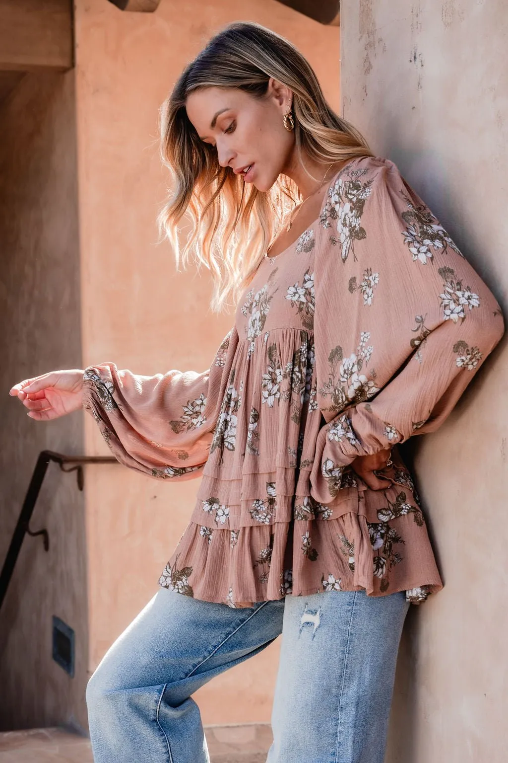 Terracotta Floral Print Pleated Tunic