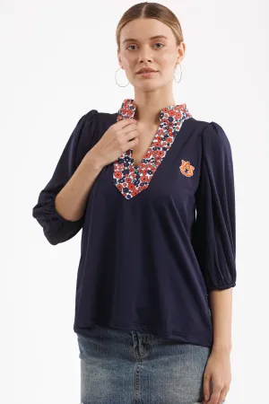 The Eliza Top - Navy with Auburn Poppies