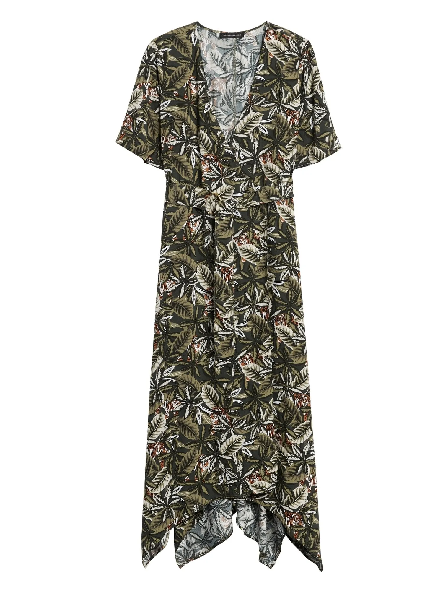 Tiger Handkerchief-Hem Wrap Dress in Jungle Tiger Print