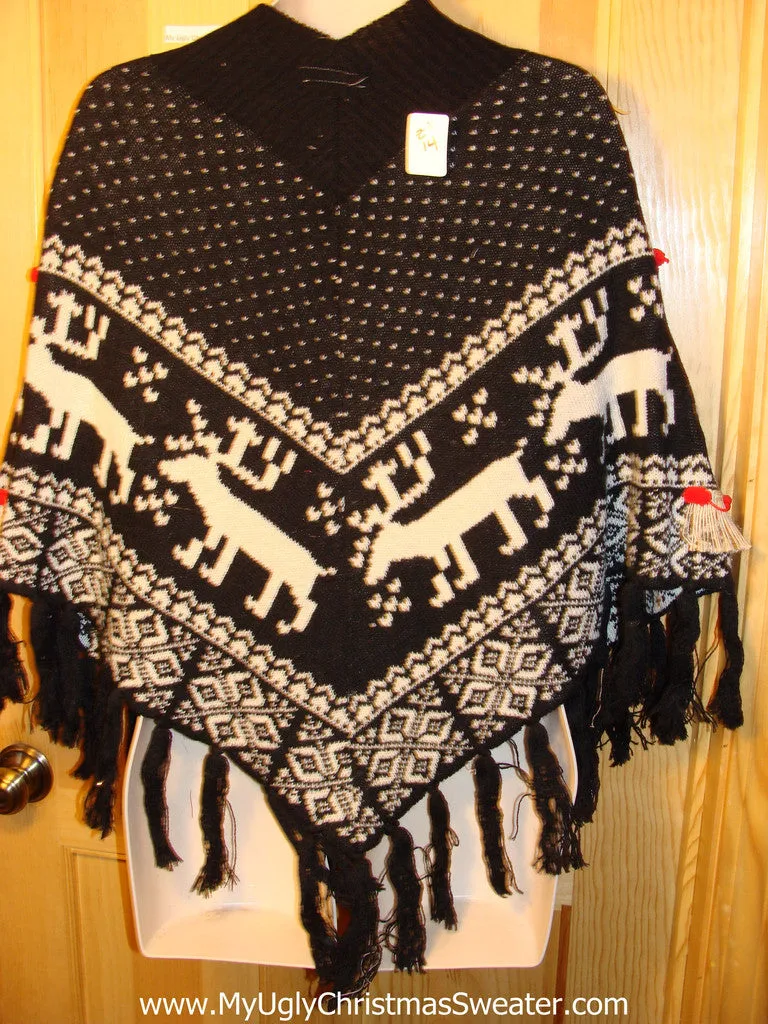 Ugly Christmas Sweater Party Holy Grail of Ugly Sweater Poncho with 3D Ornaments and Fringe. Nordic Pattern with Reindeer.  Great Sweater Alternative for Mens XL, XXL or Mens XXXL  (z14)