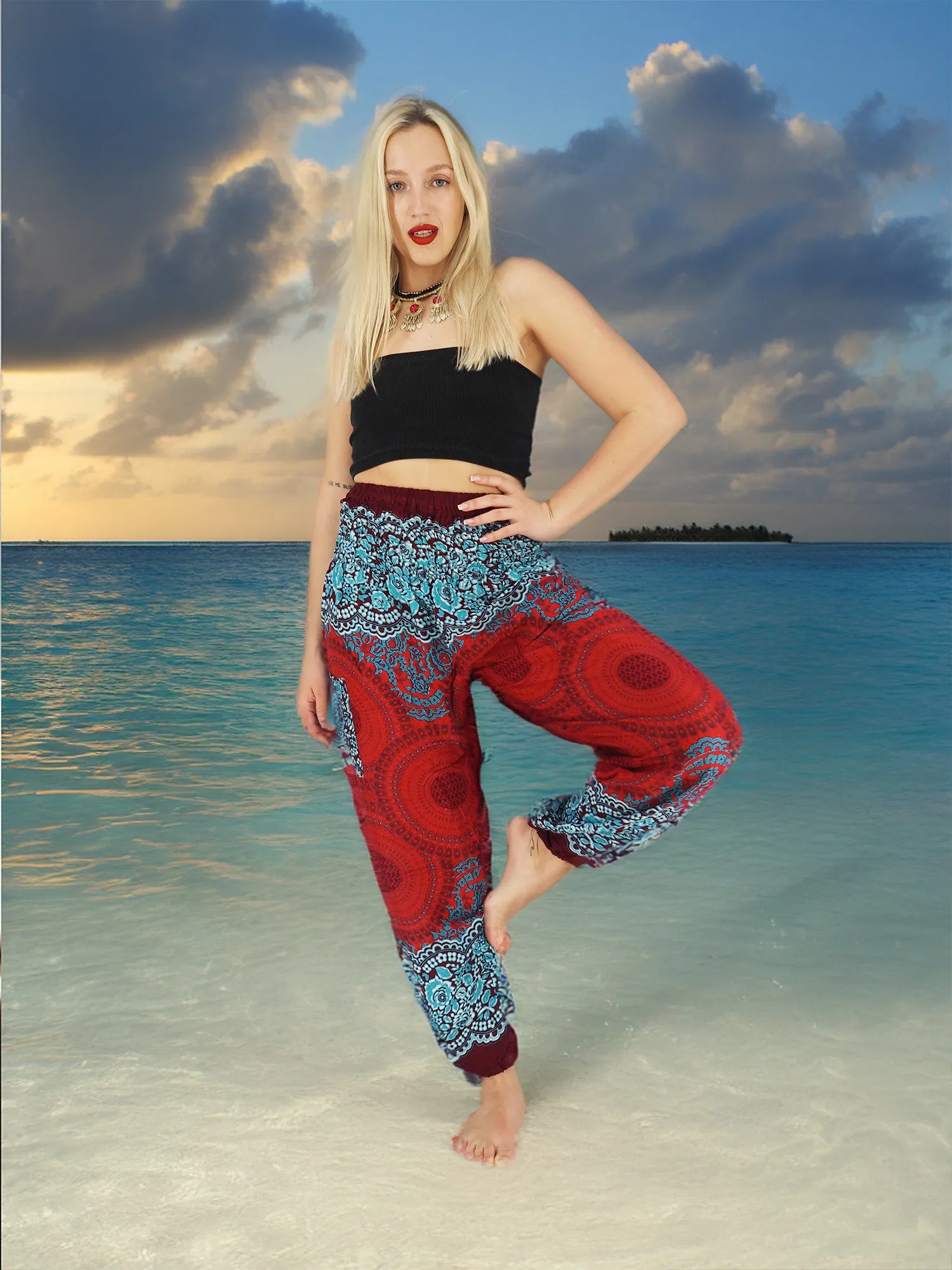 Unisex Harem Yoga Hippie Boho Pants in Dark Red With Blue Mandala Print M-L-XL