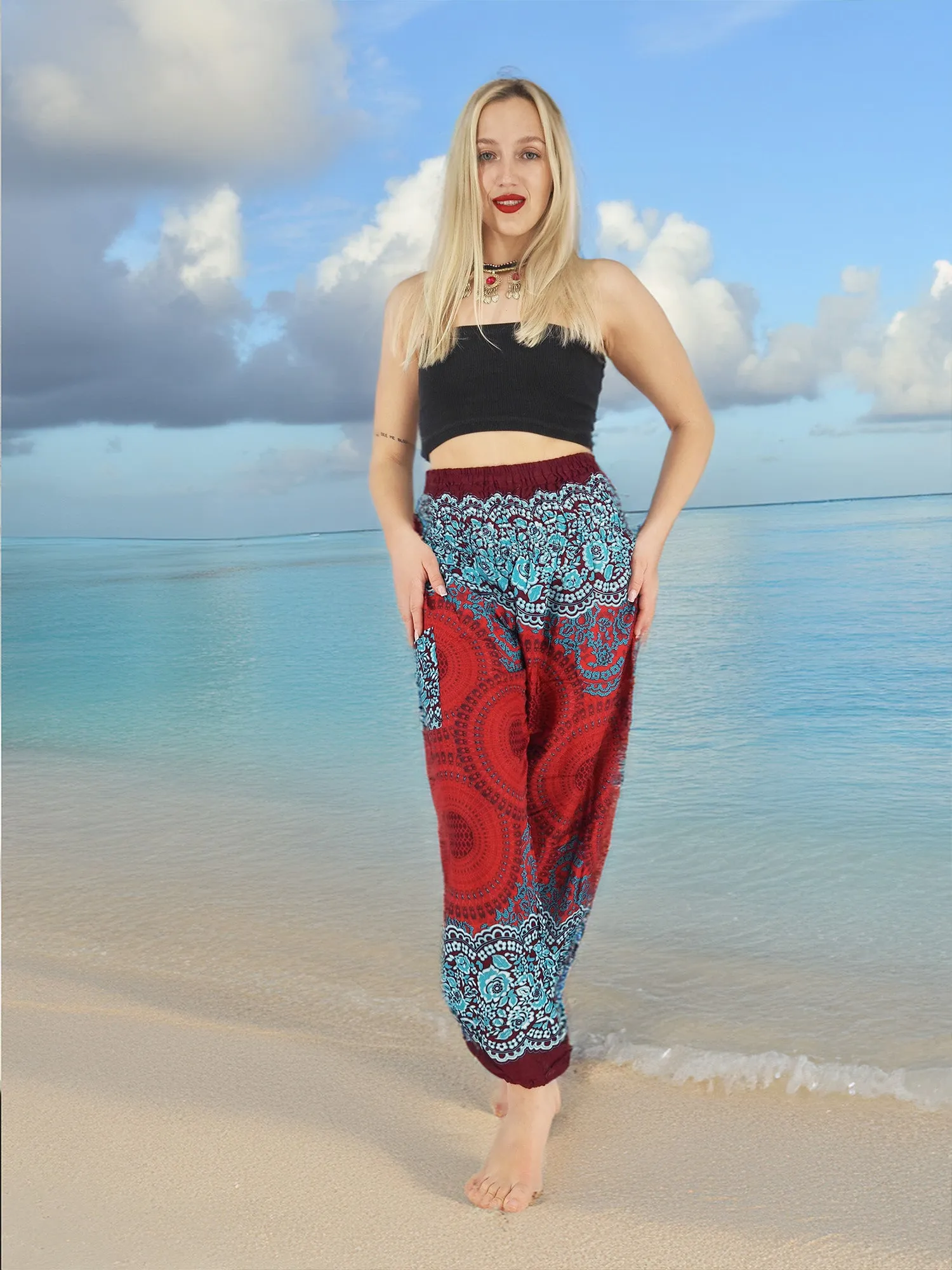 Unisex Harem Yoga Hippie Boho Pants in Dark Red With Blue Mandala Print M-L-XL