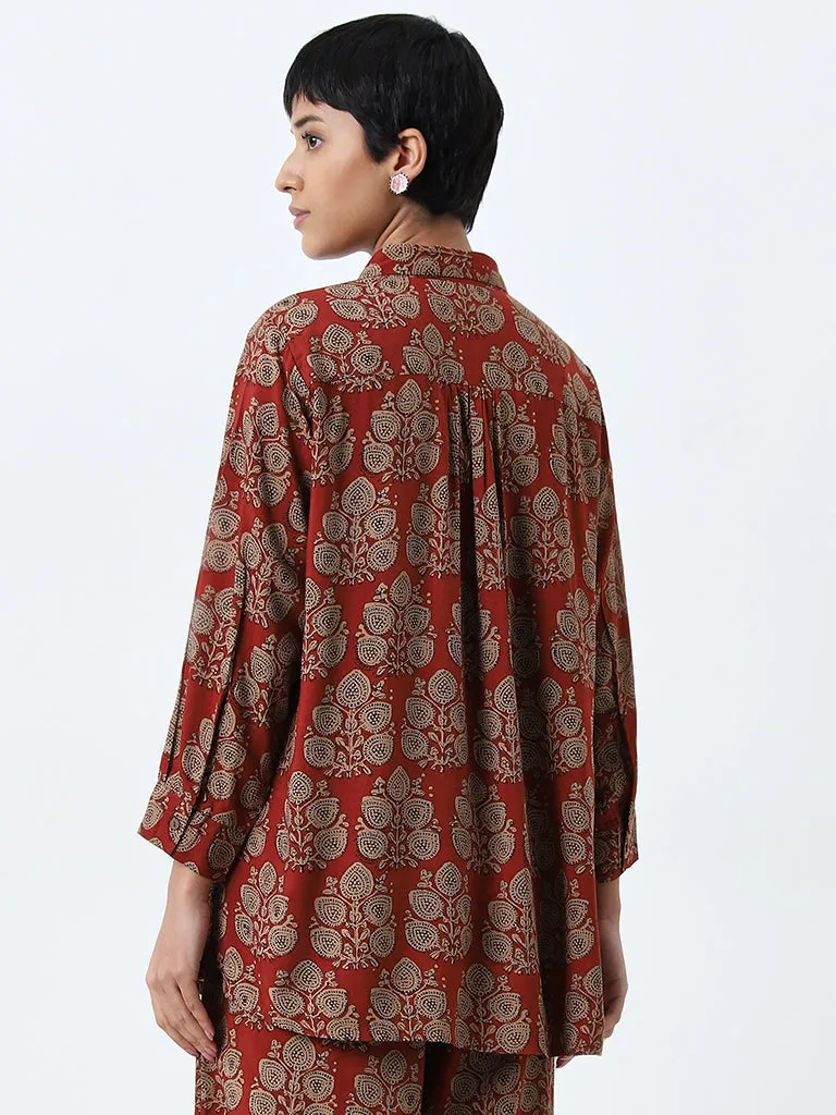 Utsa Dusty Red Foliage Printed Ethnic Tunic