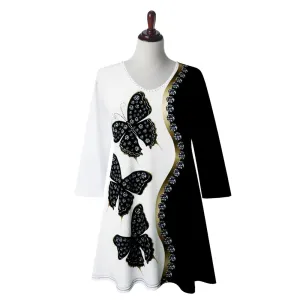 Valentina Butterfly Print V-Neck Tunic in Black/White - 26474-TU - Size S Only!