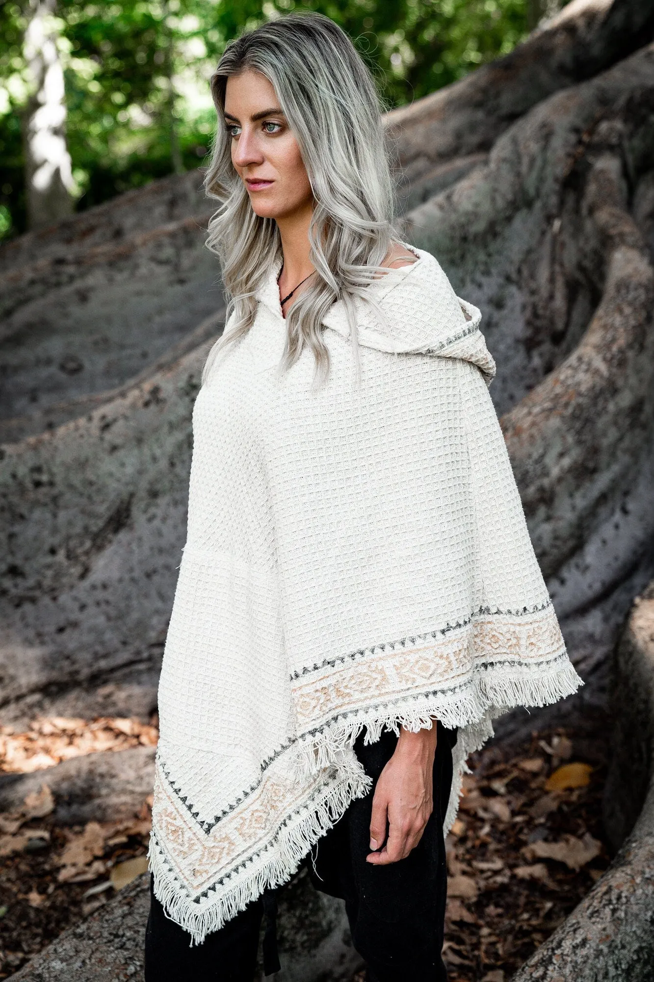 VECHO Beige Womens Hooded Vegan Poncho Textured Cotton with Hood Block Printed Tribal Pattern Gypsy Festival Boho ceremony ritual AJJAYA