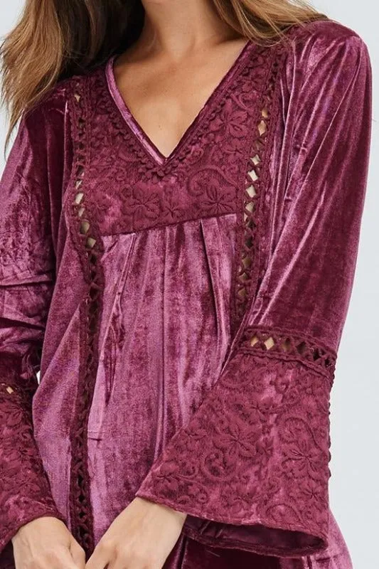 Velzera Boho Embroidered Velvet Tunic Dress - Dusty Rose