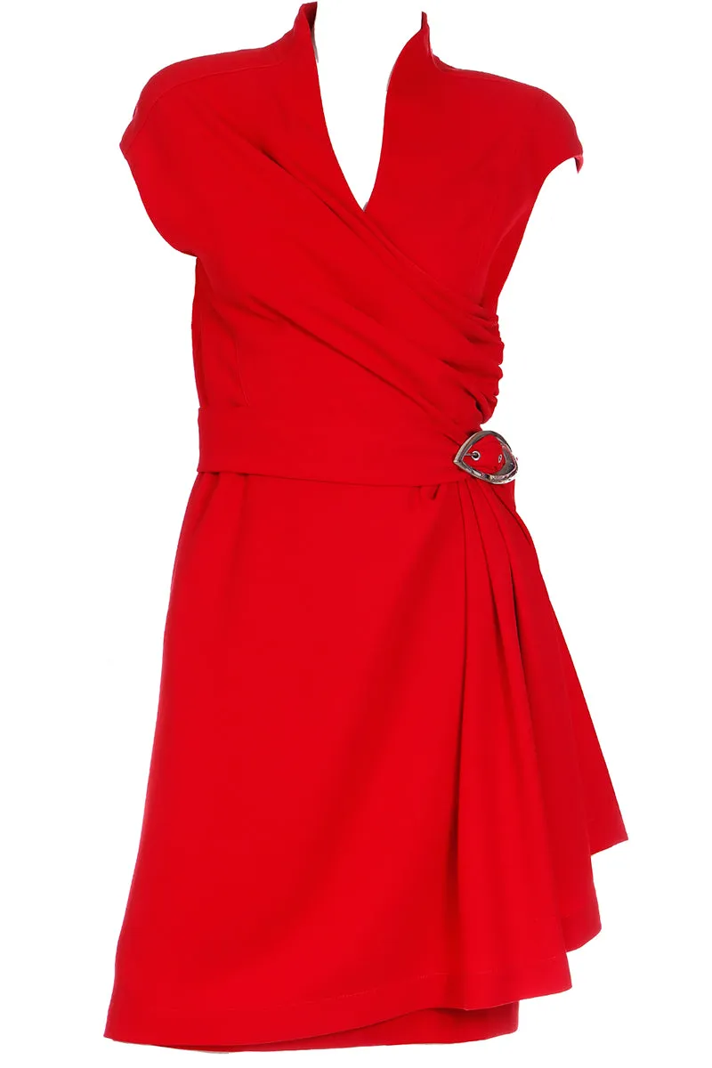 Vintage Thierry Mugler Cherry Red Sleeveless Wrap Dress W Drape & Silver Buckle