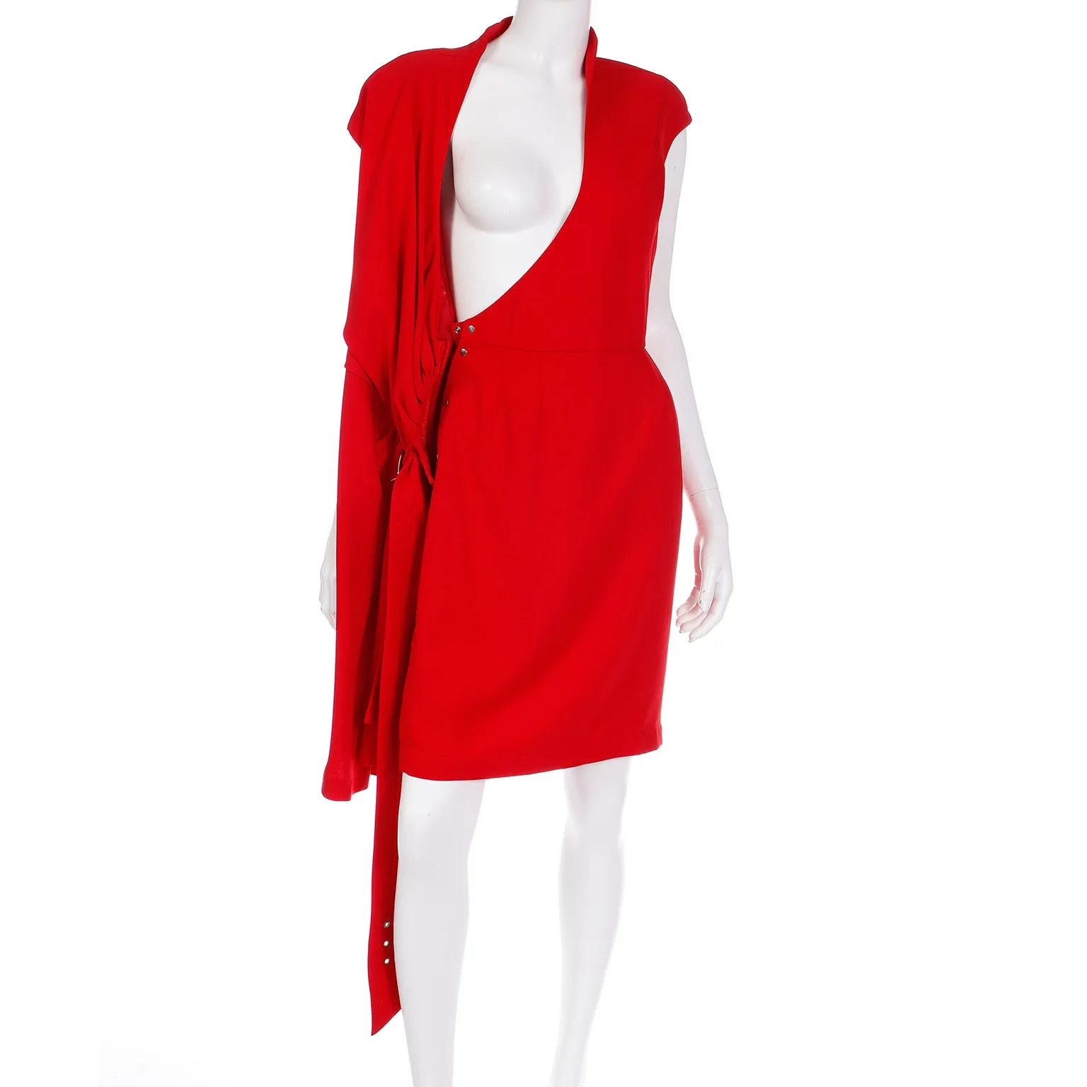 Vintage Thierry Mugler Cherry Red Sleeveless Wrap Dress W Drape & Silver Buckle