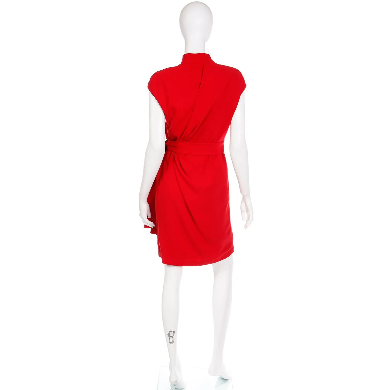 Vintage Thierry Mugler Cherry Red Sleeveless Wrap Dress W Drape & Silver Buckle