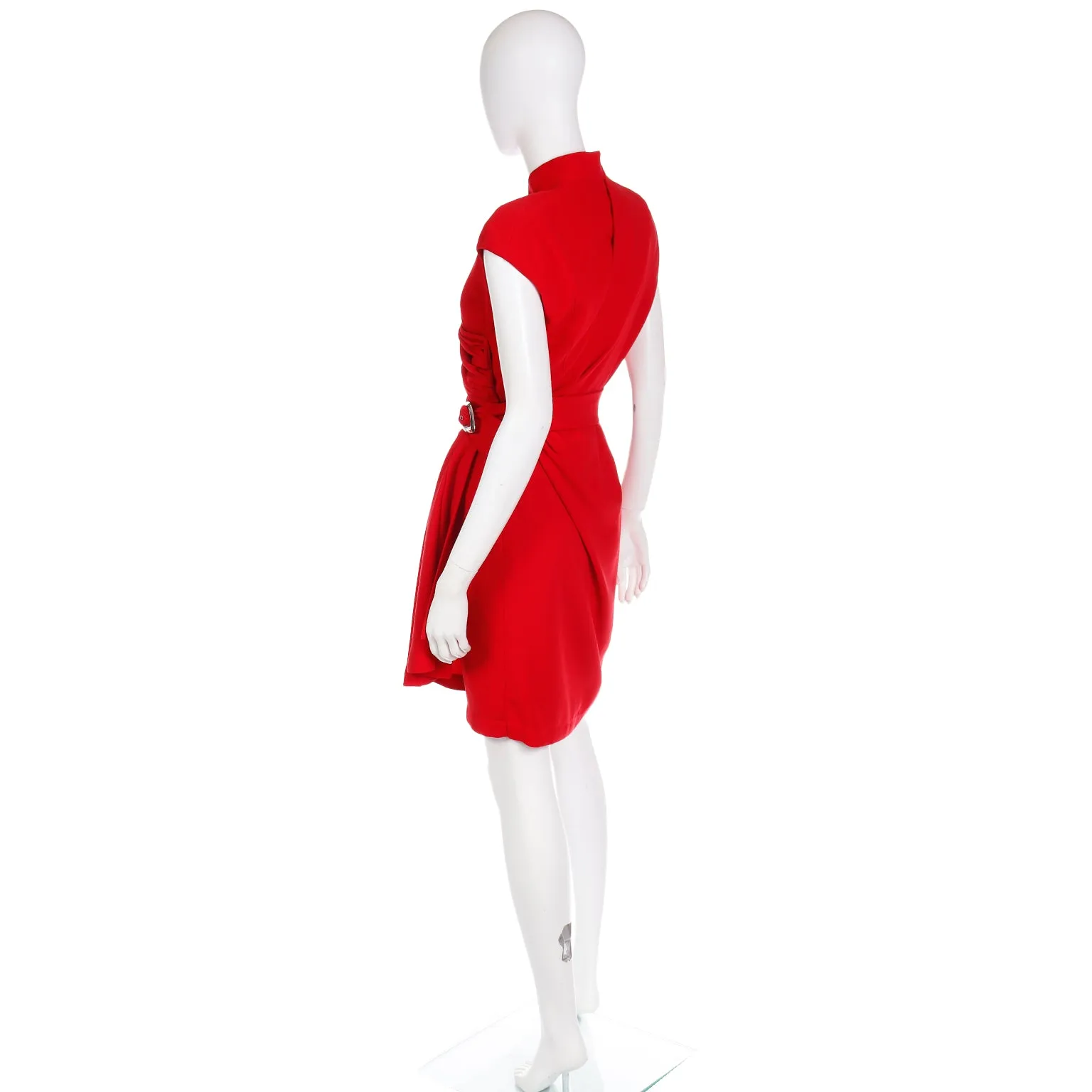 Vintage Thierry Mugler Cherry Red Sleeveless Wrap Dress W Drape & Silver Buckle