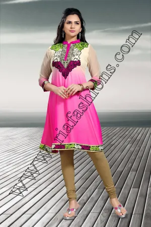 White & Pink Faux Georgette Embroidered Kurti