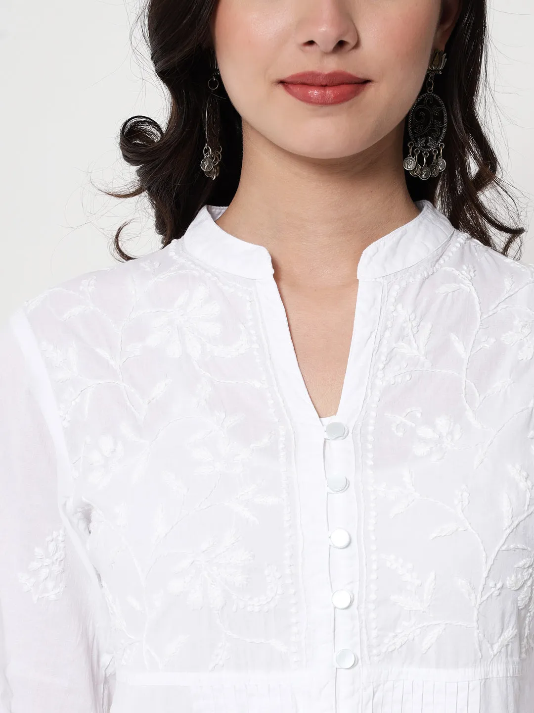 White Ethnic Motifs Chikankari Pure Cotton Short Kurti-PC1821S