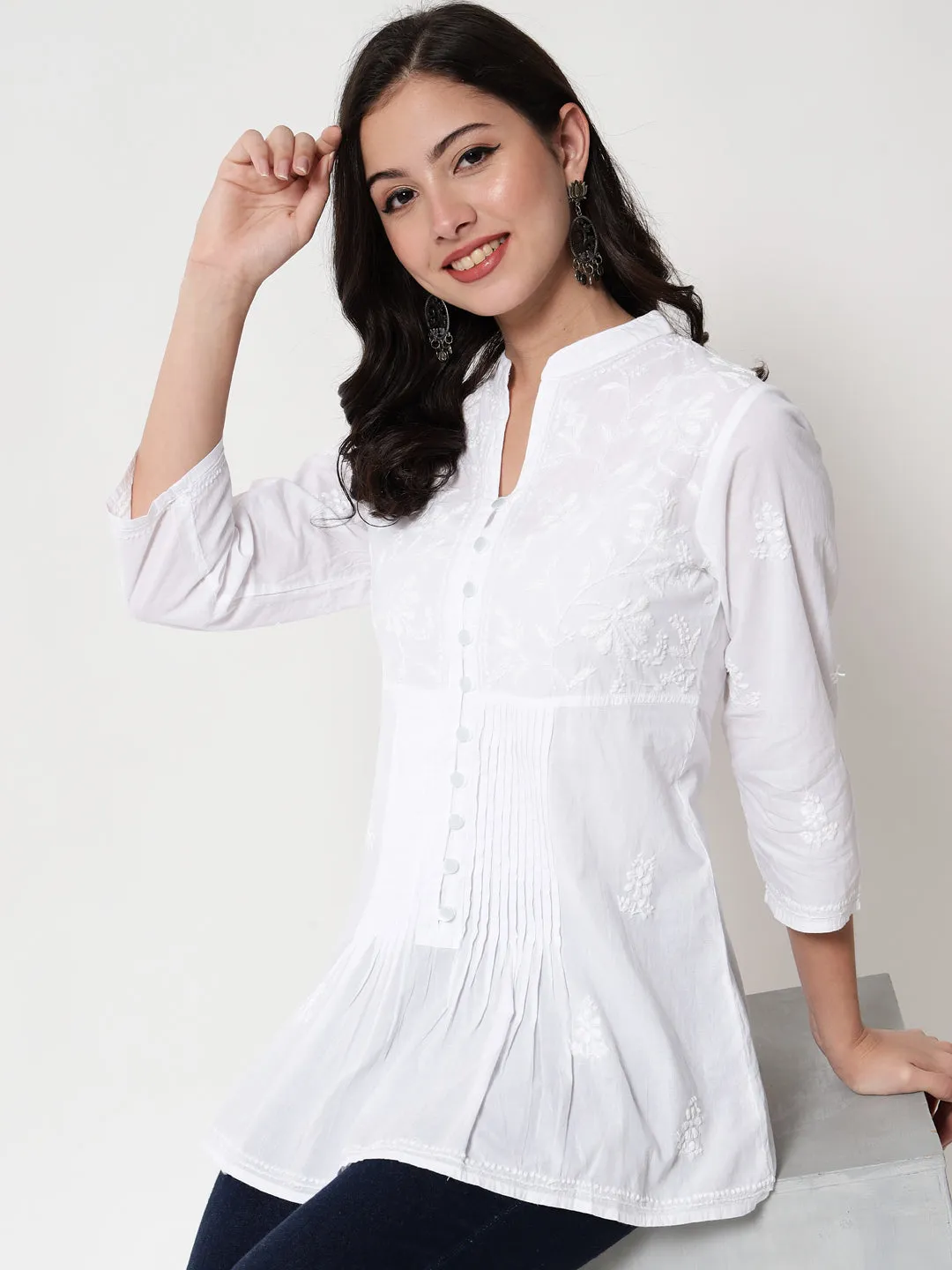 White Ethnic Motifs Chikankari Pure Cotton Short Kurti-PC1821S