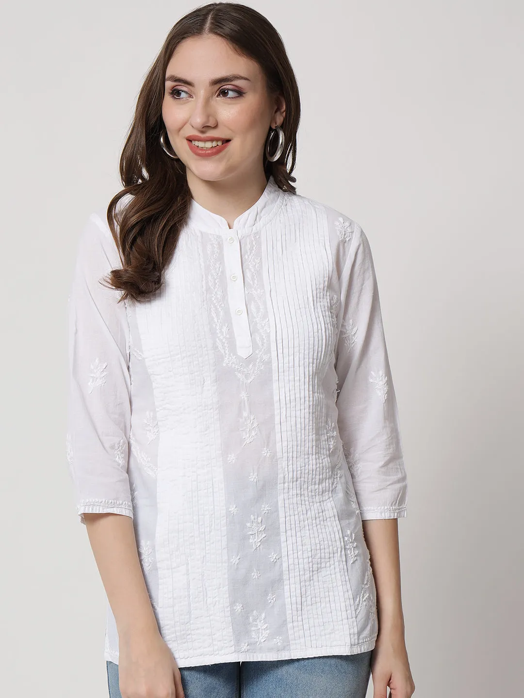 White Hand Embroidered Chikankari Pure Cotton Chikankari Pleated Short Kurti-PC1419S