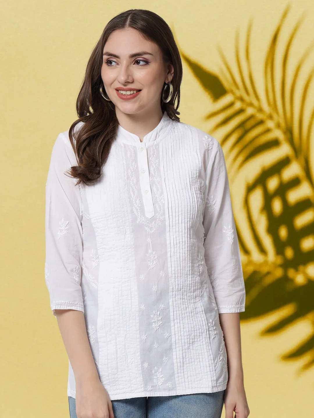 White Hand Embroidered Chikankari Pure Cotton Chikankari Pleated Short Kurti-PC1419S