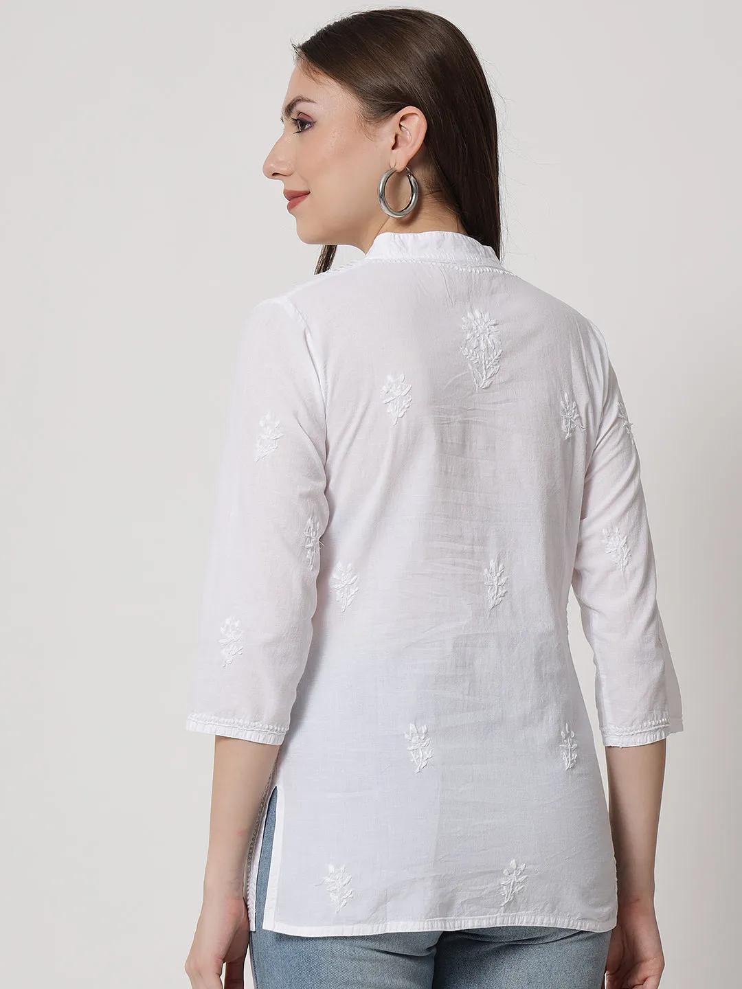 White Hand Embroidered Chikankari Pure Cotton Chikankari Pleated Short Kurti-PC1419S