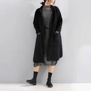 women black wool coat plus size trench coat fall Square Collar tie waist