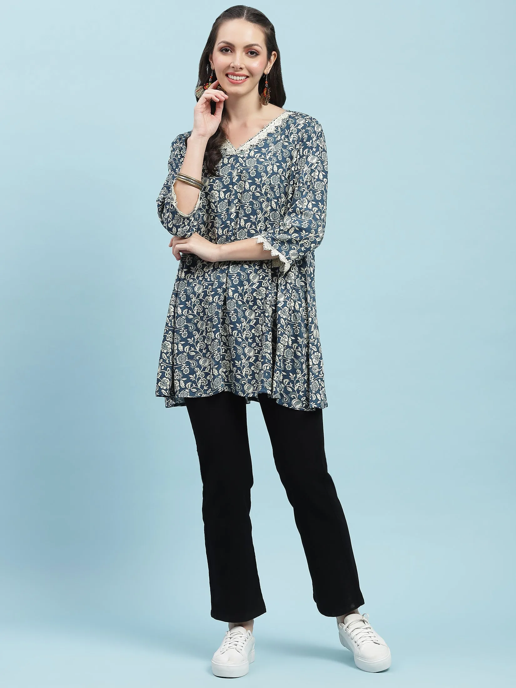 Women Blue V-Neck Printed Tunic