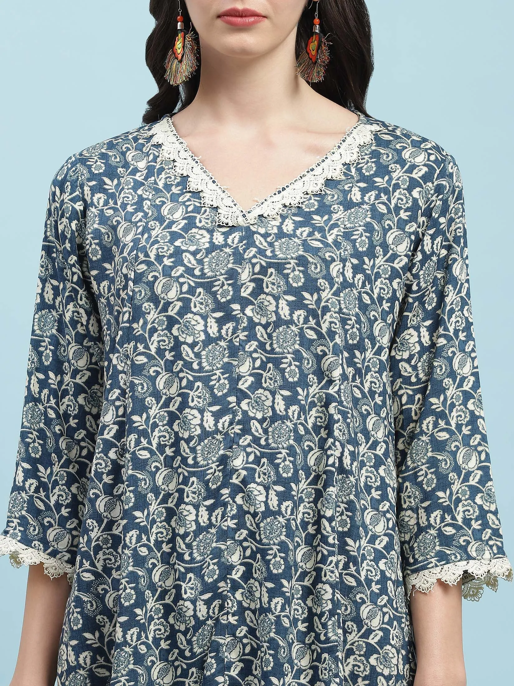 Women Blue V-Neck Printed Tunic