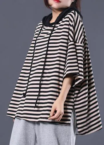 Women drawstring hooded cotton tunic pattern Tunic Tops black striped blouse summer