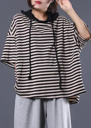 Women drawstring hooded cotton tunic pattern Tunic Tops black striped blouse summer