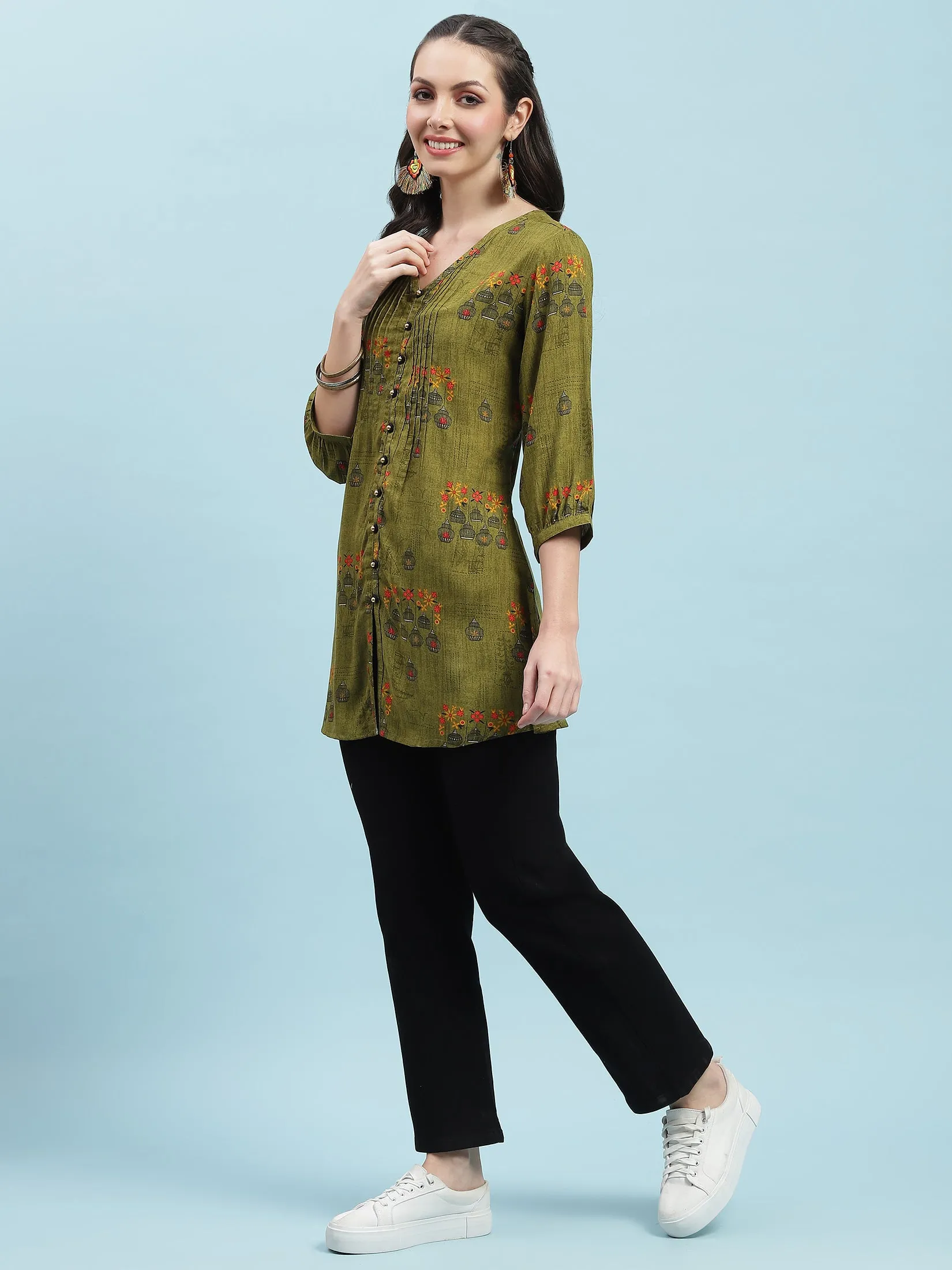 Women Olive Ornamental Printed Tunic