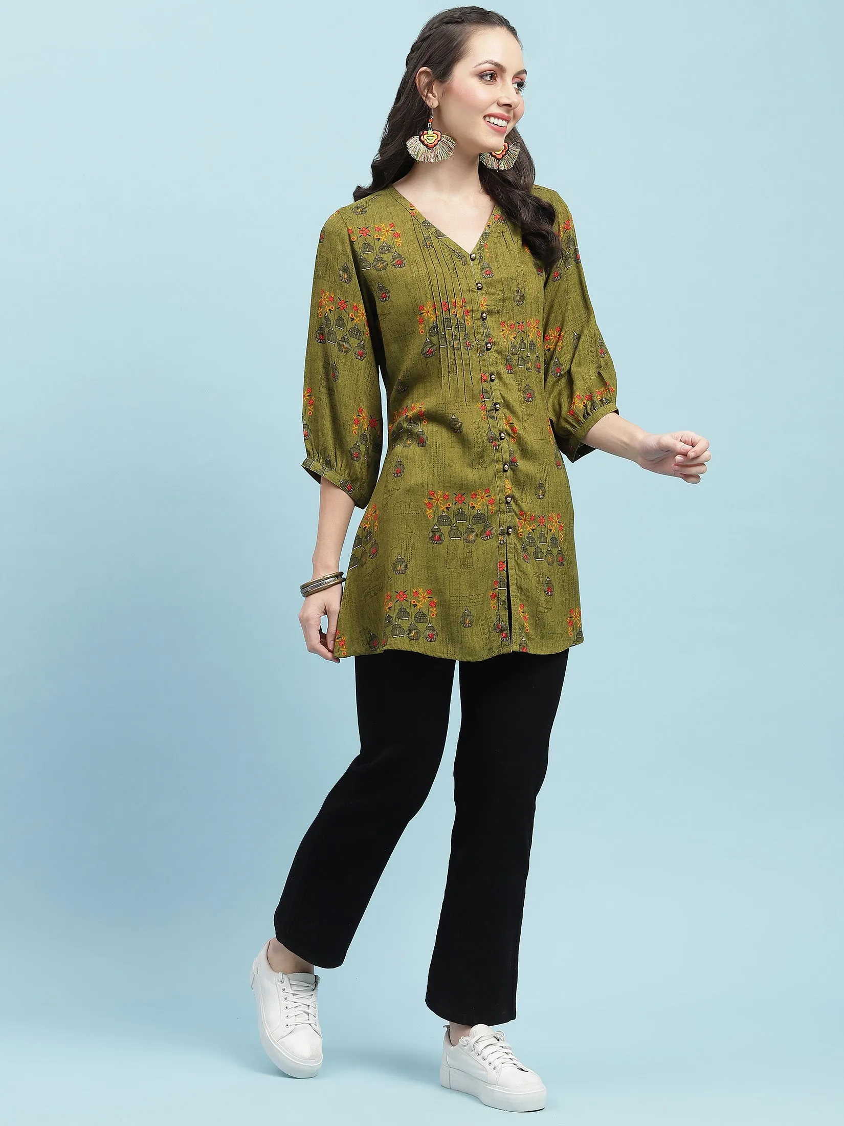 Women Olive Ornamental Printed Tunic