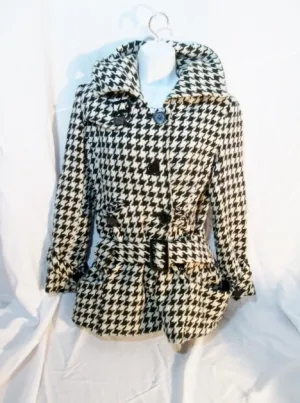 Womens AMERICAN RAG TRENCH COAT Jacket HERRINGBONE M Black White Coat