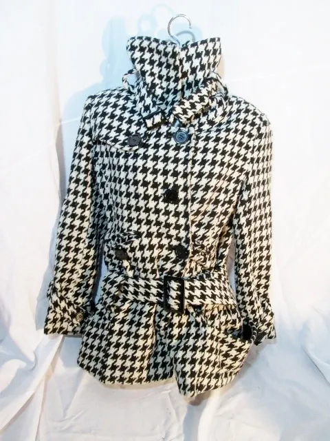 Womens AMERICAN RAG TRENCH COAT Jacket HERRINGBONE M Black White Coat