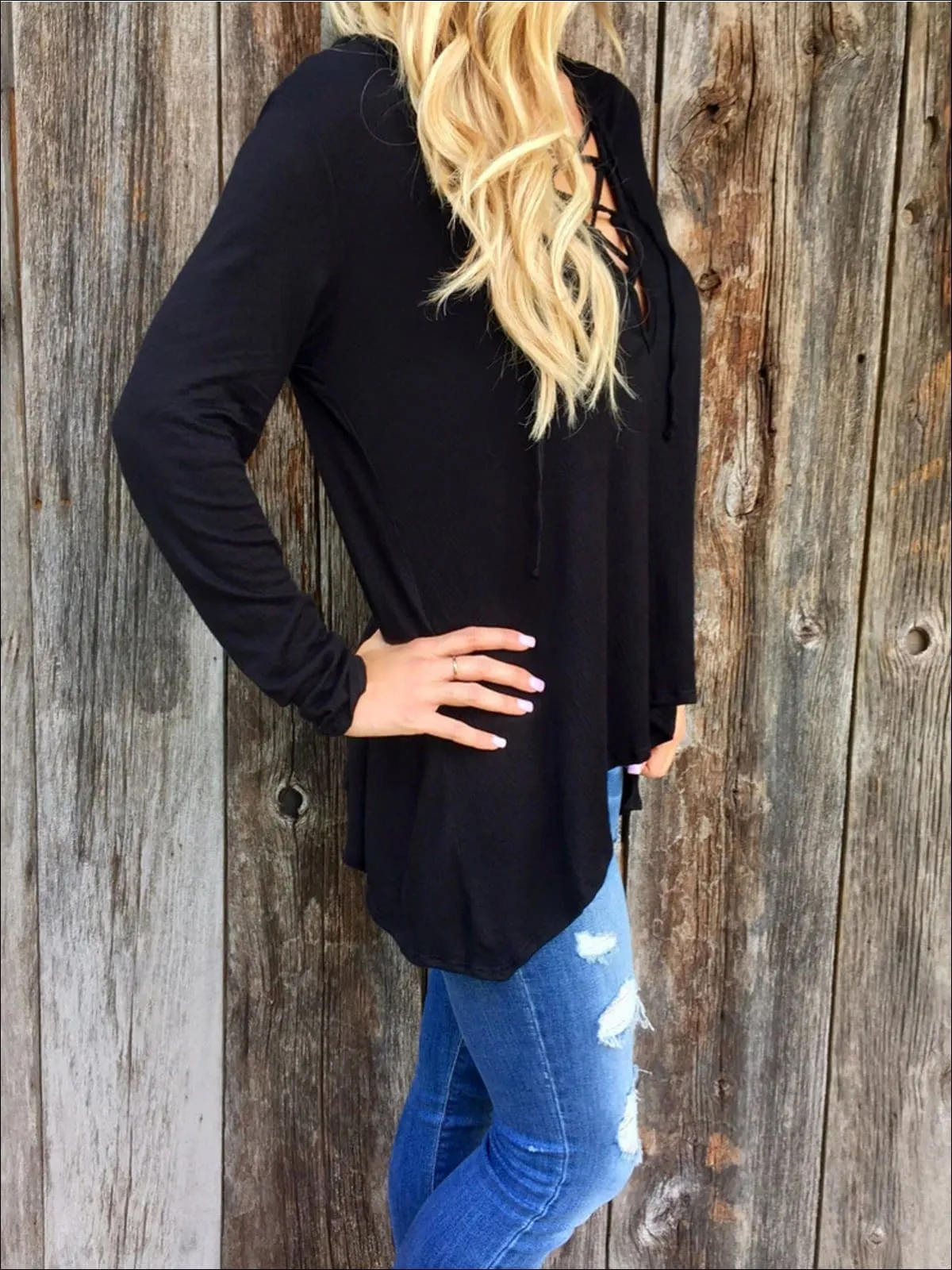 Women's Black Long Sleeve Criss Cross Neck Deep V Tunic