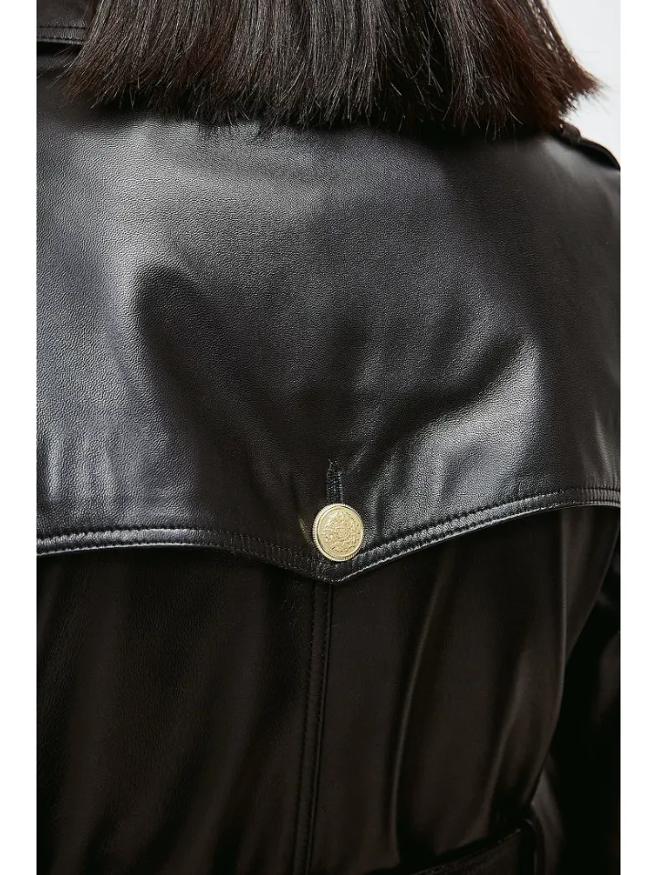 Women’s Black Sheepskin Leather Trench Coat Golden Buttons