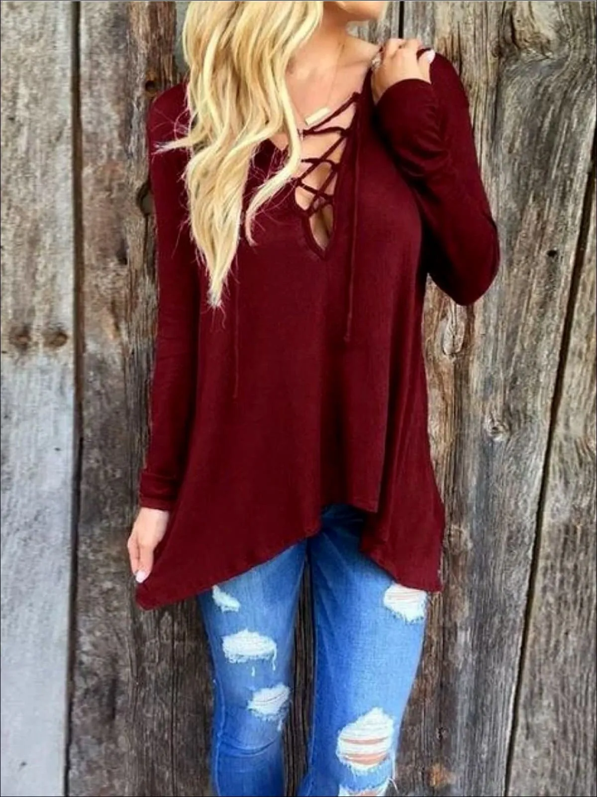 Women's Burgundy Long Sleeve Criss Cross Deep V Tunic