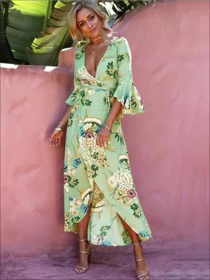 Women's Floral Flare Sleeve Hi-Lo Wrap Dress