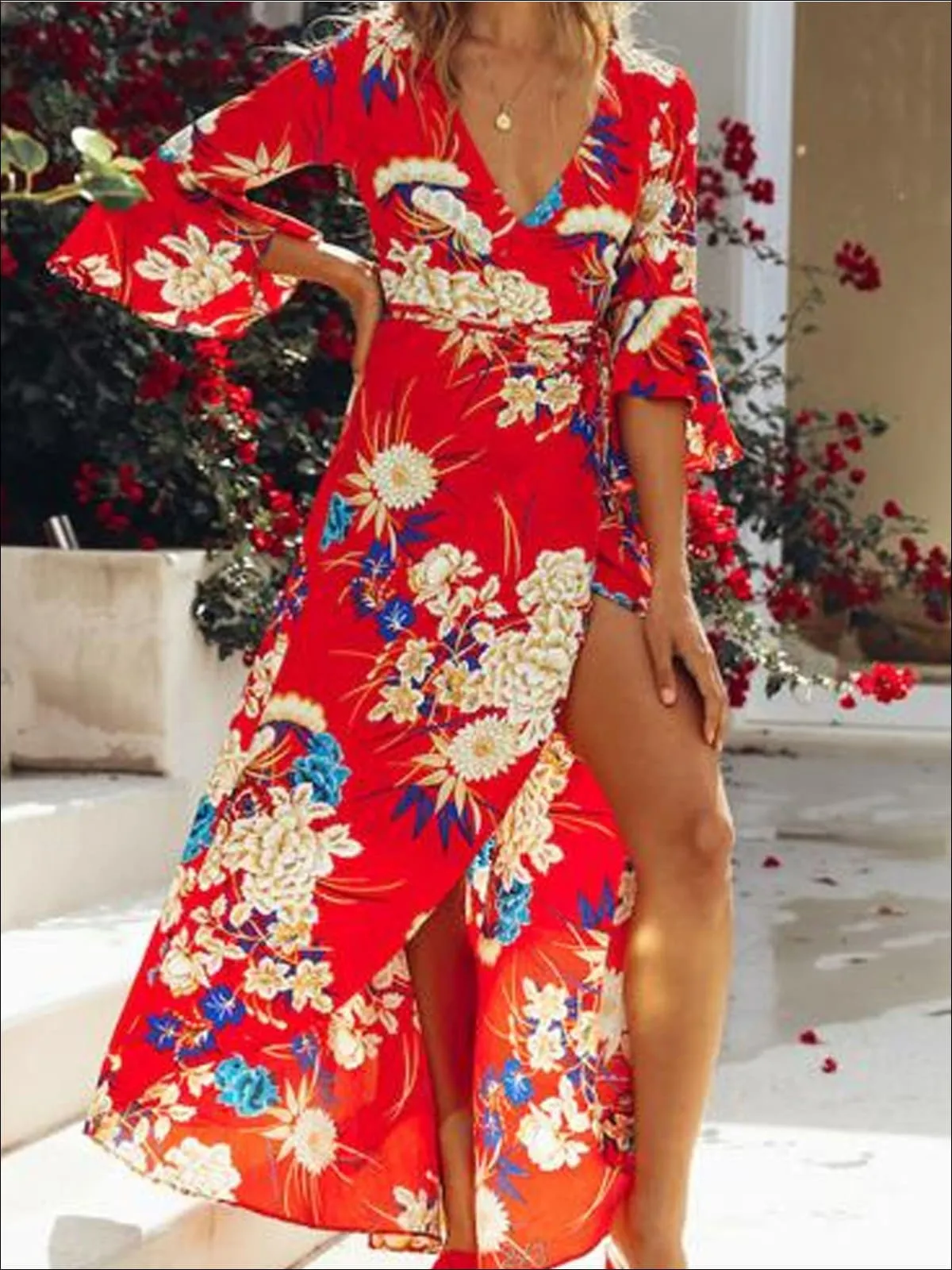 Women's Floral Flare Sleeve Hi-Lo Wrap Dress