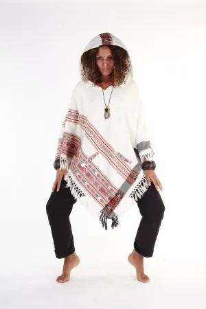 Womens Hooded Poncho Pure White Cashmere Wool, with Tribal Embroidery, Large Hood, Two Pockets, Hippie, Primitive, Gypsy, Boho, AJJAYA