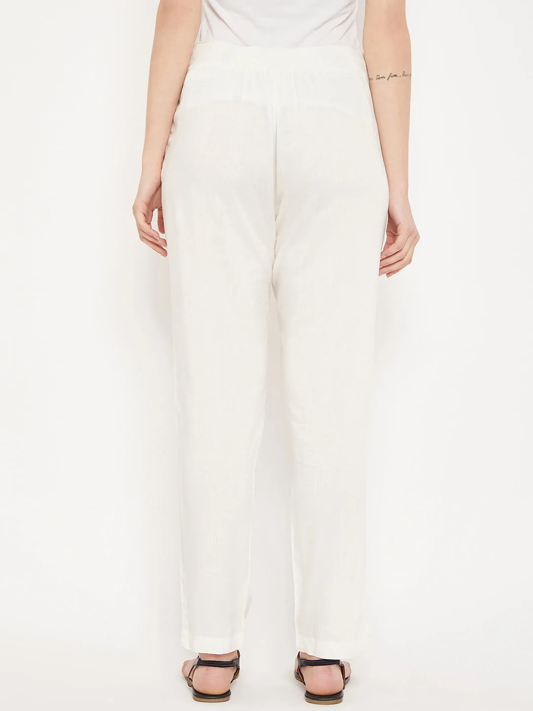 Women's Regular Slim Fit Offwhite Flat Front Mid rise Pants